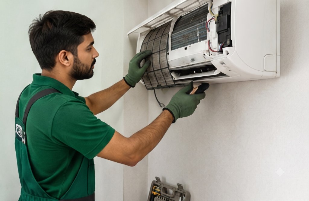 Technician repairing AC